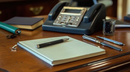 Poster - Elegant office workspace with stationery and vintage telephone