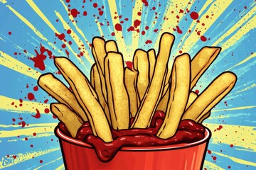Poster - Delicious pop-art illustration of french fries with vibrant dipping sauces and ketchup splashes in bold colors