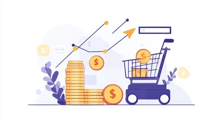 Poster - Shopping Cart with Coin Stack and Growth Chart Illustration