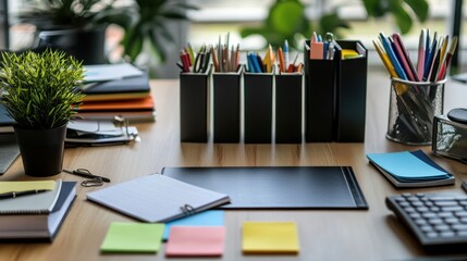 Poster - Organized Workspace with Stationery Items and Green Plant Decor