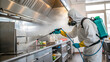 © Azlam - Pest control worker in an industrial kitchen, applying the control substance.