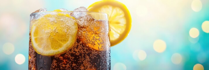 Poster - Refreshing ice-cold soda with fizzy bubbles and lemon slices in a bright setting ideal for summer enjoyment