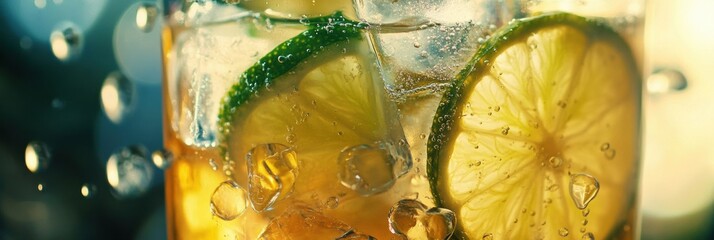 Poster - Refreshing cold lemonade with ice cubes and lime slices in a summery setting perfect for outdoor enjoyment and relaxation
