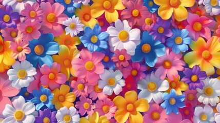Poster - Animated spring flowers in a fun, colorful pattern. stock photo --ar 16:9 --style raw --v 6 Job ID: cce105cd-d7b2-4a4c-9d13-8f410730168a