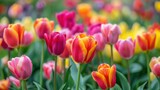 Bright tulip flowers filling the background of a garden. stock photo --ar 16:9 --style raw --v 6 Job ID: 3076f134-052d-4e5c-86f4-63b4a22f9abf