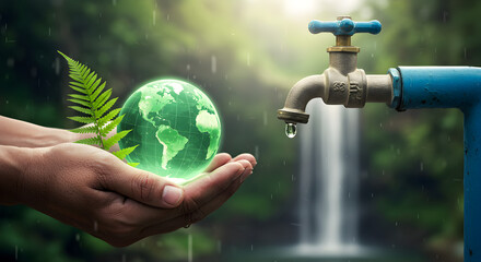Poster - Hands Holding Digital Earth with Dripping Faucet and Waterfall in Green Forest Background
