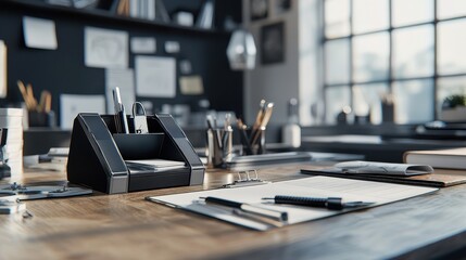 Poster - Office desk with stationery and stylish organizer in bright workspace