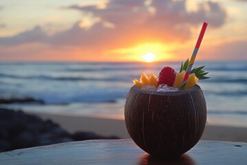 Aufkleber - Refreshing summer cocktail in a coconut shell with tropical fruit against a vibrant sunset beach scene