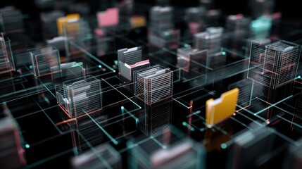 Poster - abstract network grid with files and folders, futuristic software interface, digital document manage