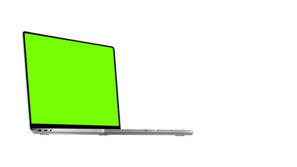 Wall Mural - silver laptop animated mockup with green screen, side perspective view, on white and black backgroun