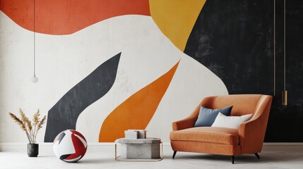 Poster - Abstract Living Room with Colorful Art, Cozy Orange Sofa and Ball