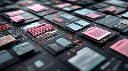Poster - abstract network grid with files and folders, futuristic software interface, digital document manage