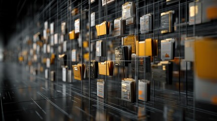 Poster - abstract network grid with files and folders, futuristic software interface, digital document manage