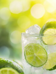 Poster - Refreshing cold lemonade in a glass featuring fresh lime slices and ice cubes against a bright summery background