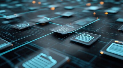Poster - abstract network grid with files and folders, futuristic software interface, digital document manage