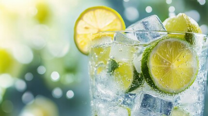 Poster - Refreshing lemonade with ice cubes and lime slices against a bright summer background perfect for hot days