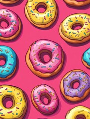 Leinwandbilder - Playful cartoon display of colorful donuts with rainbow frosting and sprinkles in a vibrant pop-art style composition