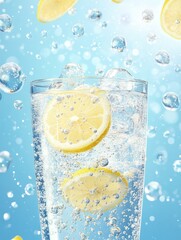 Poster - Refreshing ice cold soda with lemon slices sparkling in a bright atmosphere showcasing fizzy bubbles and vibrant liquid effects