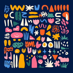 Poster - Colorful Abstract Patterns: A collection of vibrant, whimsical shapes and forms arranged in a dynamic composition. The art evokes joy, playfulness, and visual interest, perfect for design projects.