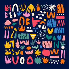 Poster - Abstract shapes, colorful composition on a dark ground: A vibrant arrangement of abstract shapes, each painted in a bold hue.