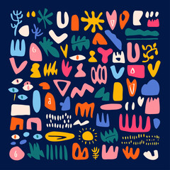 Poster - Abstract Graphic Delight: A vibrant collection of hand-drawn shapes, patterns and elements, each bursting with a unique personality and color, forming a joyful.