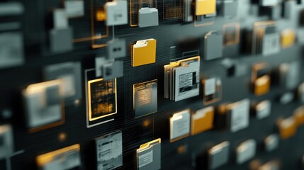 Poster - abstract network grid with files and folders, futuristic software interface, digital document manage