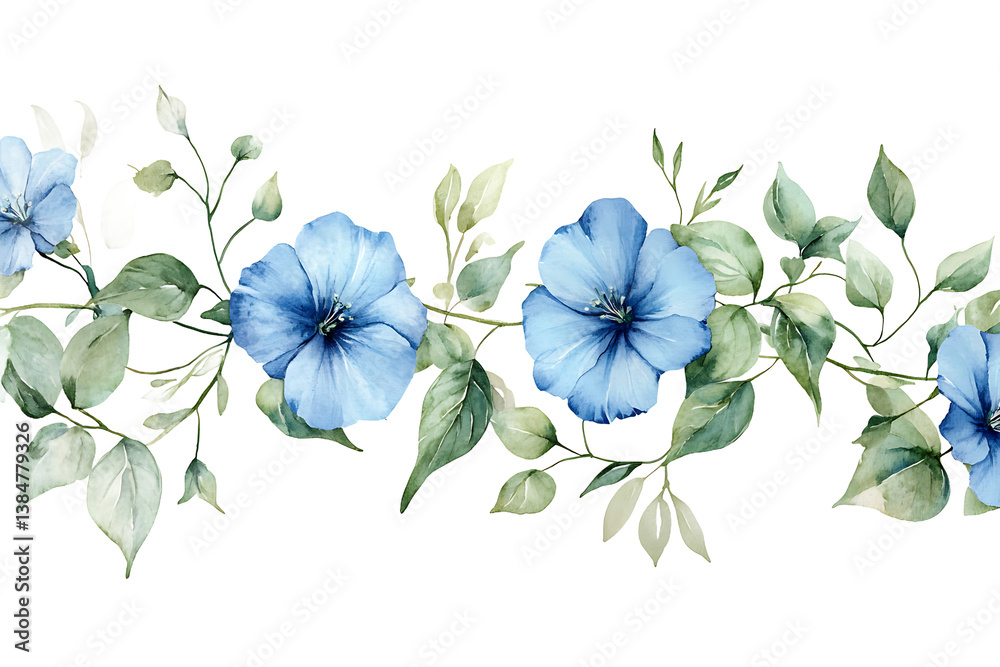 Watercolor floral border with blue flowers and green leaves on a ...