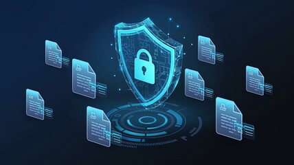 Poster - Digital Fortress: A modern illustration depicting the secure protection of data, symbolizing digital security with files, shield, and padlock