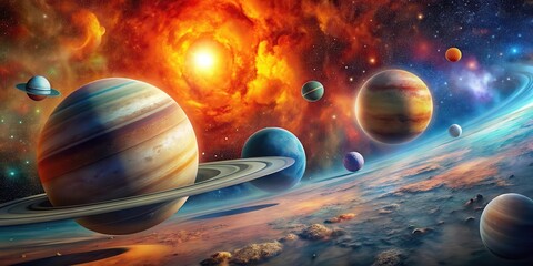 Wall Mural - a vibrant cosmic panorama showcasing a planetary system orbiting a fiery nebula, with gas giants and