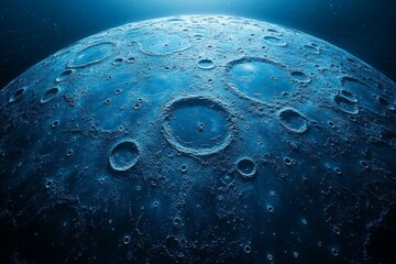 Wall Mural - a blue planet with a blue sky and a blue moon. moon's surface with craters, isolated on a solid back