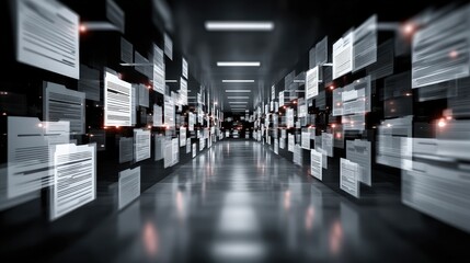 Poster - abstract network grid with files and folders, futuristic software interface, digital document manage
