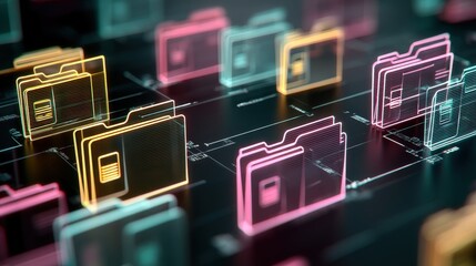 Poster - abstract network grid with files and folders, futuristic software interface, digital document manage