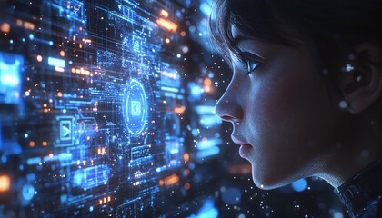 Aufkleber - Woman and complex digital interface concept.
