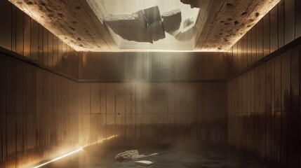 Poster - Dramatic Interior Space with Falling Rocks and Ethereal Lighting Effects