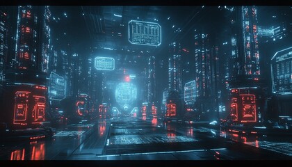 Aufkleber - Futuristic Cyberpunk Cityscape with Glowing Neon Lights