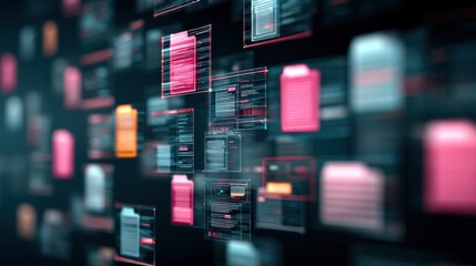Poster - abstract network grid with files and folders, futuristic software interface, digital document manage