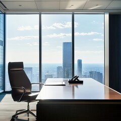Poster - Modern Office Interior with Scenic City View and Executive Chair