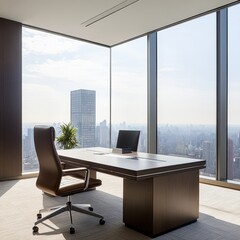 Poster - Modern Office Interior with Scenic View of Cityscape Skyline