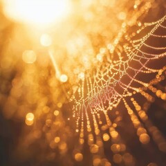 Poster - Glowing Spider Web Captured in Soft Morning Light Against Blur