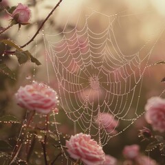 Poster - Delicate Spider Web Glimmers Among Pink Roses in Soft Morning Light