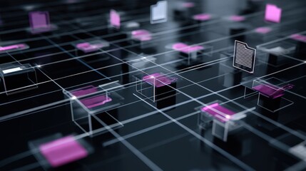 Poster - abstract network grid with files and folders, futuristic software interface, digital document manage