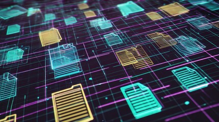 Poster - abstract network grid with files and folders, futuristic software interface, digital document manage