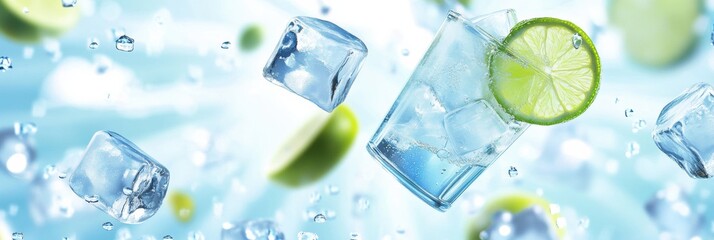 Poster - Refreshing cold lemonade with ice cubes and lime slices against a bright summertime backdrop