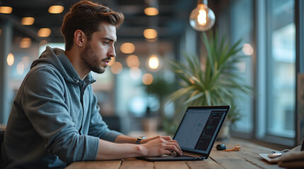 Young software developer working on a laptop in a modern office