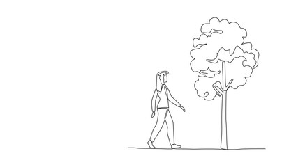 Poster - Animated self drawing of single one line drawing young woman in casual clothes walking in the park. Healthy activity. Leisurely walk. Without pollution. National Walking Day. Full length animation