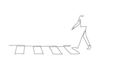 Poster - Animation of continuous one line drawing man in casual clothes walking on zebra crossing. Leisurely walking activity. Orderly. Good habit. Culture. National Walking Day. Full length motion