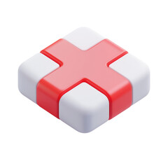 Poster - Stylized 3D geometric red and white cross symbol icon with a clean and modern design suitable for medical healthcare or technology applications