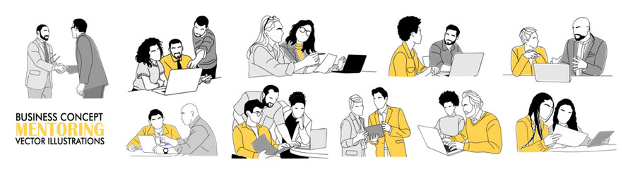 set of mentoring business scene vector outline illustrations on white background. collection of men,