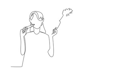 Poster - Self drawing animation of single continuous line drawing woman in casual clothes hold carrot and eating it. Eaten immediately after harvest. Healthy. International Carrot Day. Full length animated
