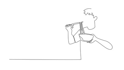 Poster - Animation of a single one line drawing man devouring ramen with chopsticks. Inhale the delicious aroma of ramen when lifted. A satisfying delicacy. National Ramen Day. Full length motion